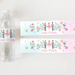 Rótulo de garrafa de água de aniversário de quebra-nozes Sugar Plum Fairy Party Favor embalagem de água Ballet Decoração de Natal Editável para impressão Download Chbir5