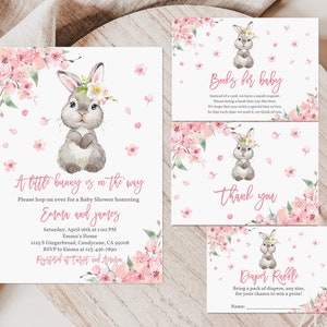 Bearbeitbares Häschen-Babyparty-Einladungs-Set Ein kleiner Hase einladen Bündel Ostern Party Mädchen Frühling Sakura Pink Blumenkaninchen Digital Eaba3