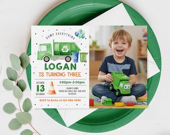 Garbage Truck Birthday Invitation: Editable Photo Invite (Printable, Digital Bir434)