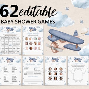 Blue Airplane Baby Shower Games Bundle EDITABLE Airplane Shower Games Set Printable Boy Baby Shower Game Cards Pack Time Flies Bab248