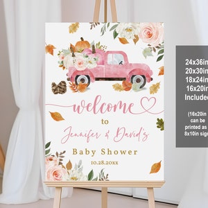Kürbis Willkommen Schild Rosa Kürbis LKW Babyparty Willkommensplakat Herbst-Baby-Dusche-Mädchen Rosa Vorlage Bearbeitbare Druckbare Download Bab170