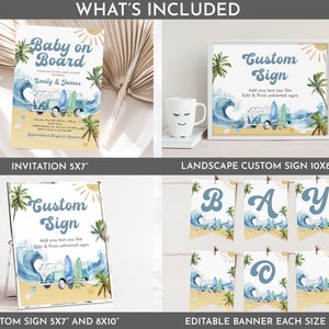 May include: A set of printable baby shower party decorations with a beach theme. The set includes an invitation, a banner, and two custom signs. The invitation is 5x7 inches and features a blue and white van with surfboards. The banner is 5x7 inches and features the word "BABY" in blue letters. The custom signs are 5x7 inches and 10x8 inches and feature a blue and white van with surfboards. The signs are customizable with text.