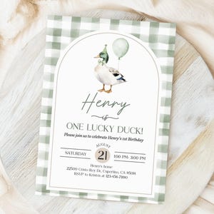 One Lucky Duck Birthday Invitation: Watercolor Mallard, Greenery Bir511 image 3