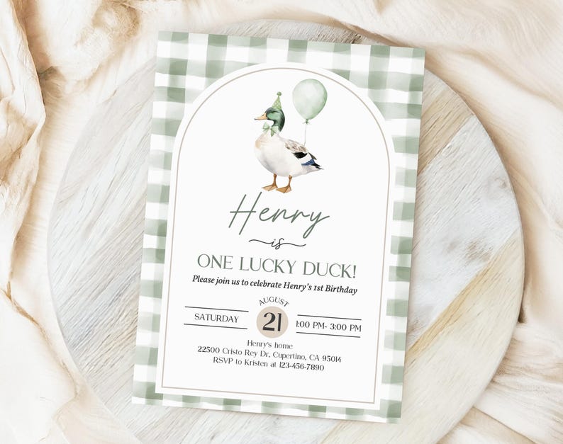 One Lucky Duck Birthday Invitation: Watercolor Mallard, Greenery Bir511 image 3