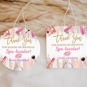 Spa Geburtstagsfeier Favor Tag Makeup Party Danke Rundes Quadrat Etikett Mädchen Glam Pink Gold Geschenk Aufkleber Teenager Bearbeitbar Druckbar Bir309