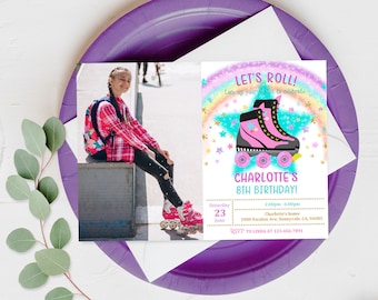 May include: Birthday party invitation with a rainbow background and a pair of pink roller skates with black wheels. The text "Let's Roll! Lace up your skates to celebrate" is at the top of the invitation. The text "Charlotte's 8th Birthday!" is in the center of the invitation. The text "Saturday, June 23, 2:00pm-6:00pm, Charlotte's home, 1000 Escalon Ave, Sunnyvale, CA, 94085, RSVP to Linda at 123-456-7891" is at the bottom of the invitation.