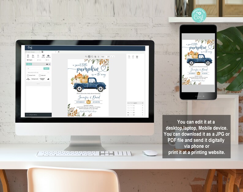Pu&ograve; includere: Un invito digitale per un baby shower con un camioncino blu che trasporta zucche e il testo "a sweet little pumpkin is on the way". L'invito &egrave; decorato con foglie autunnali e un cuore.
