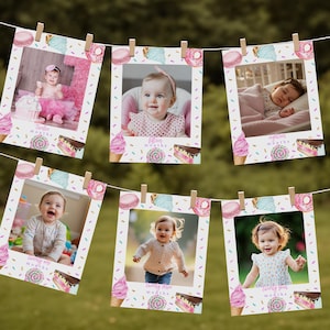 Puede incluir: Un conjunto de seis tarjetas de fotos imprimibles con un tema de helado y chispas rosa, blanco y azul. Cada tarjeta tiene una foto diferente de una niña pequeña a diferentes edades. Las tarjetas dicen "Turning One Month", "Turning Two Months", "Turning Three Months", "Turning Four Months", "Turning Five Months", y "Turning Six Months".