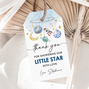 Ruimte gunsttags ruimte babyshower bedankt bewerkbare jongen Little Star cadeaulabel rond Sun Planets Rocket mobiele baby afdrukbare Bab270