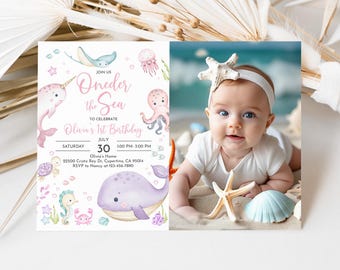 Oneder the Sea Invitation: Ocean Animals Birthday (Editable Photo Template Bir463)