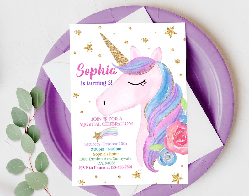 Unicorn Birthday Invitation Rainbow Party Gold Glitter Pink Girl Magical Day Invites EDITABLE Printable Template Download