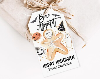 Halloween Gift Tags: Bone Appétit Skeleton Treat Bags (Editable PDF)