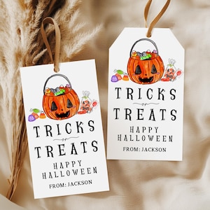 Halloween-gåvoetiketter: Redigerbara utskrivbara bus- eller godisetiketter Haba, Hat53