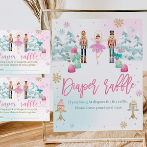Nussknacker-Baby-Dusche-Windel-Verlosungszeichen-Eintrittskarte Weihnachtsspiel Windel-Verlosungskarte Winter-Party-Girl Bearbeitbare Druckbare Download Chbab3