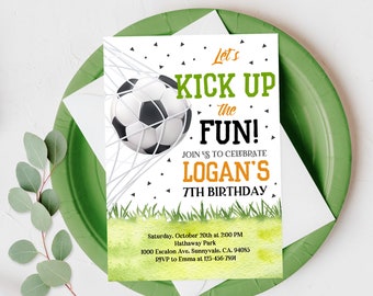 May include: A white invitation with green and orange accents. It features a soccer ball in a net and the text "Let's Kick Up the Fun! Join us to celebrate Logan's 7th Birthday". The invitation includes the date, time, location, and RSVP information.