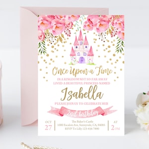 Princess Birthday Invitation Princess Party Invite Girl 1st Castle Pink Floral Gold Glitter Royal Digital Editable Printable Download Prin1