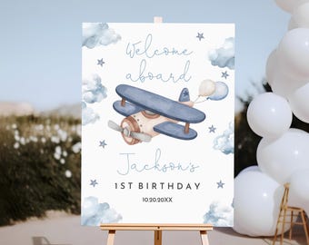 Welcome Sign: Airplane Theme, Boy 1st Birthday - Editable Digital Bir464