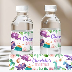 Bouteille d'eau dinosaure étiquettes fille dinosaure anniversaire Party Decor rose violet or Dino Tropical instantané MODIFIABLE en téléchargement numérique Bir247