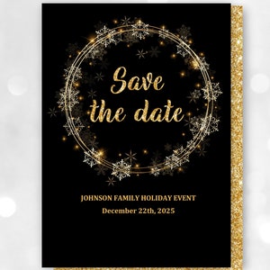 Holiday party save the date Invitation  gold glitter wreath invite  EDITABLE, Download  Chr13