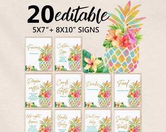 Puede incluir: Un conjunto de 20 letreros editables, incluyendo "Favors", "Custom Sign" y "Diaper Raffle". Cada letrero presenta un diseño de piña en acuarela con flores tropicales. Los letreros están disponibles en tamaños de 12,7 x 17,8 cm y 20,3 x 25,4 cm.