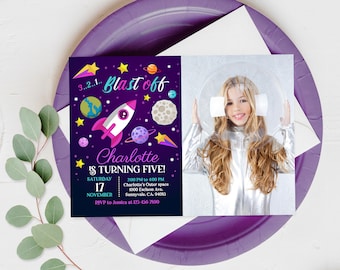 Outer Space Birthday Invitation Planets Rocket Ship Astronaut Invite Girl Photo Pink Galaxy Blast Off Solar System Editable Download Bir204