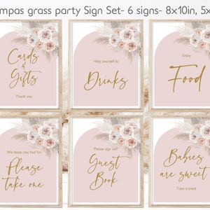 Ensemble de panneaux de signalisation pour baby shower bohème herbe des pampas, kit de signalisation bohème modèle modifiable ensemble de panneaux de baby shower rose fille imprimable à télécharger Bab182