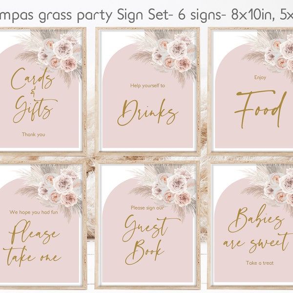 Pampas grass Boho Baby Shower Signs Bundle Bohemian Signage Kit Editable template Girl Pink Baby shower Sign Set Printable Download Bab182