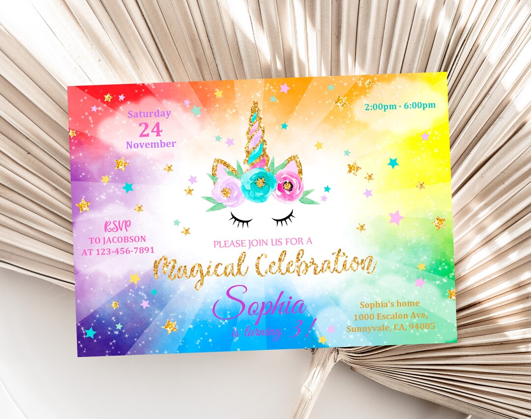 Birthday Invitation: Unicorn Rainbow Design - Editable Digital Template ...