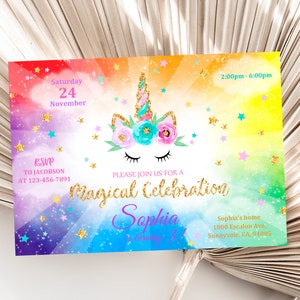 Unicorn Birthday Invitation Rainbow Party Gold Glitter Pink Girl Magical Day Invites Digital Editable Printable Template Download Bir87