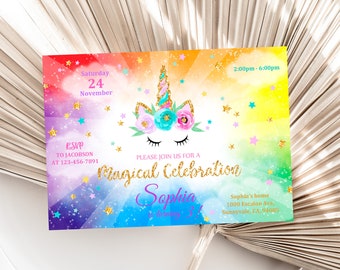 Birthday Invitation: Unicorn Rainbow Design - Editable Digital Template Bir87