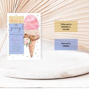 Ice Cream baby shower Invitation Pastel Girl Baby shower Invite Here's the scoop Pink Brown Summer Digital Editable Printable Download Bab92 image 5