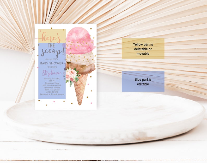 Ice Cream baby shower Invitation Pastel Girl Baby shower Invite Here's the scoop Pink Brown Summer Digital Editable Printable Download Bab92 image 5