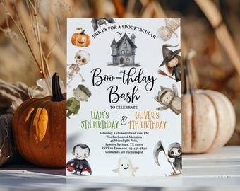 Halloween Birthday Invitation: Siblings Party Printable (Editable Template Hab6)