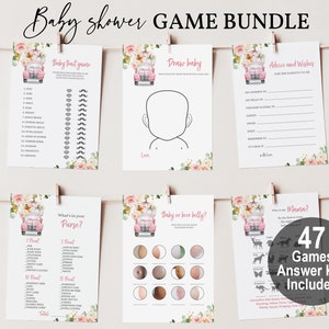 May include: A set of 47 printable baby shower games with an answer key included. The games feature a pink car with floral accents and are designed for a baby shower party.