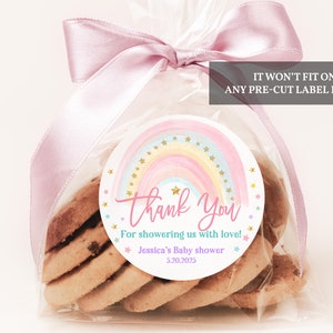 Étiquette de remerciement arc-en-ciel pastel pour baby shower, étiquettes pour cadeaux, autocollant rond décoration de fête arc-en-ciel pour fille, téléchargement imprimable et modifiable Bab155
