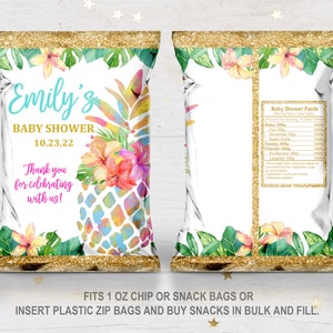 Hawaiian baby shower chip bag  Pineapple Rainbow gold chip bag  Download  EDITABLE  Bab38