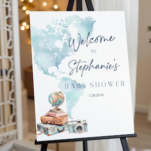 Abenteuer-Babyparty-Willkommensplakat bearbeitbares Aquarell Karte Babyparty-Willkommensschild Reise-Themed Babyparty-Abenteuer bedruckbar Bab266