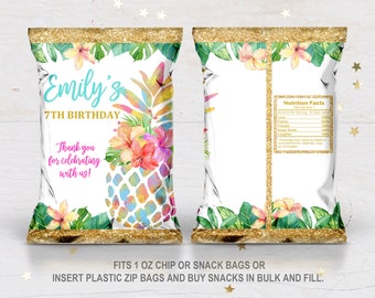 May include: A printable template for a chip bag featuring a colorful pineapple and tropical flowers. The text "Emily's 7th Birthday" and "Thank you for celebrating with us!" are included. The template is designed to fit 1 ounce chip bags or snack bags.
