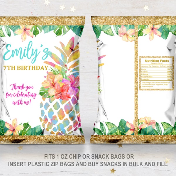 Hawaiian chip bag  Pineapple Rainbow gold chip bag  Download  EDITABLE  Bir130