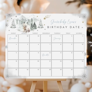 Bearbeitbarer Blauer Eisbär Fälligkeitsdatum Kalender Winter Wunderland Baby Shower Spiel Arktis Tiere Wir können Bärenwarten Zeichen Printable Bab229
