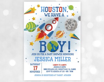 Baby Shower Invitation: Space Theme with Rocket and Moon (It's a Boy Bab148)