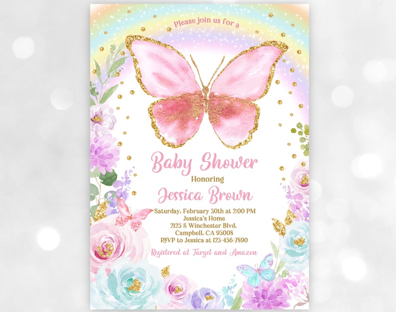 Butterfly Baby Shower Invitation Floral Rainbow Gold Glitter little butterfly Invite Butterfly Party Editable Download Bab136