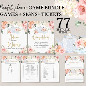 Teeparty Brautdusche Spiel Bundle Bearbeitbare Teekannen Brautspiel Set Druckbare Spiele Brautbrunch Floral High Tea Rosa Floral Bri18