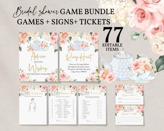 Paket med spel för möhippa, blommigt tepartytema (redigerbart, utskrivbart Bri18)