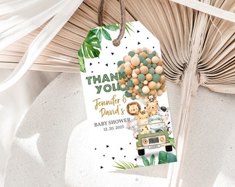 May include: A white thank you tag with green and brown jungle animal illustrations. The text reads "Thank You Jennifer & David's Baby Shower 12.20.2025".
