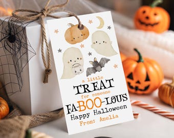 May include: A white gift tag with Halloween-themed illustrations of a pumpkin, ghosts, and a bat. The tag reads "a little TREAT for someone FA-BOO-LOUS Happy Halloween From: Amelia."