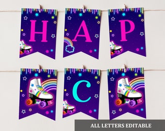 Banner de aniversário com patins de neon: decoração de festa editável e imprimível Bir301