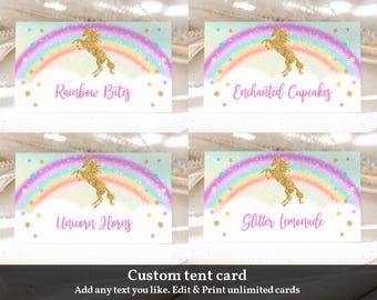 May include: Four printable tent cards with a rainbow, unicorn, and stars design. The text on the cards reads "Rainbow Bites", "Enchanted Cupcakes", "Unicorn Horns", and "Glitter Lemonade".