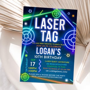 Laser Tag Birthday Invitation Neon Laser Tag Editable Invitation Glow Laser Tag Birthday Party Boy Neon Glow Laser Party Printable Bir424