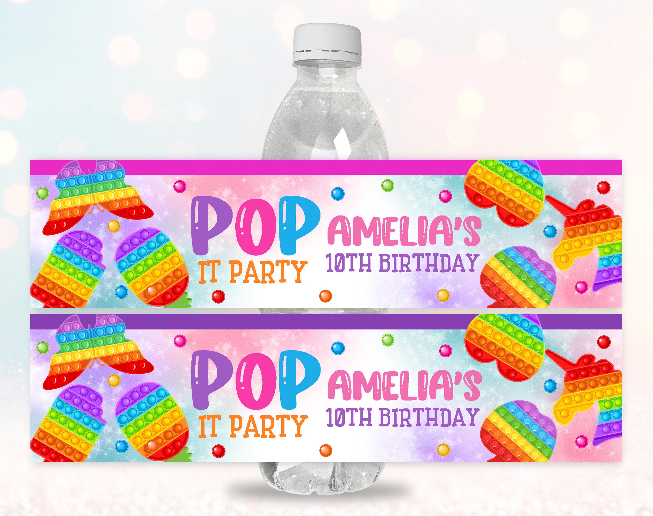 Pop It Water Bottle Label Birthday Party Favor Fidget Toy 